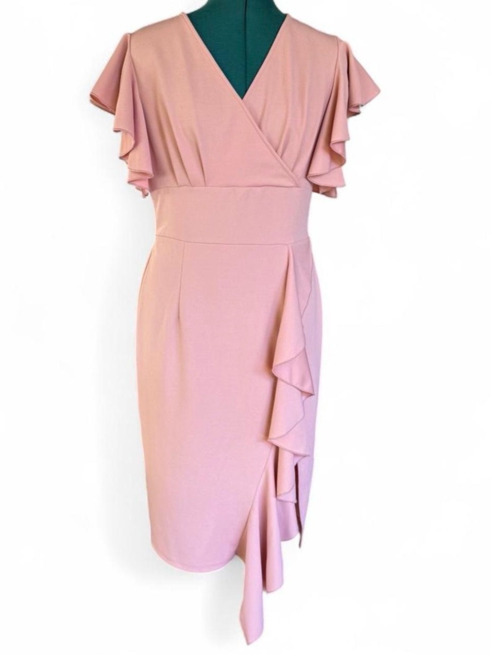 Knitee Flutter-Sleeve Wrap Midi Dress in Blush